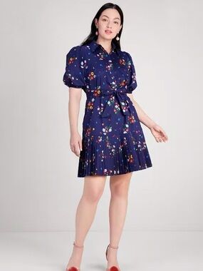 Kate Spade Bouquet Toss Pleated Lake Dress Size L Navy Floral Puff Sleeves Mini